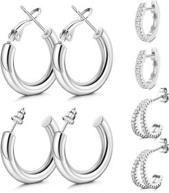 4 Pairs of Thick Hoop Huggie Earrings Cubic Zirconia Cuff Earrings Stainless Split Huggie Earring Stud for Women