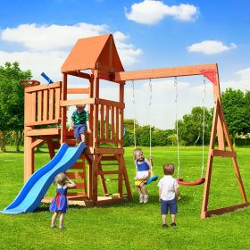 Wooden Swing Set with Slide, Climbing wall, Sandbox and Wood Roof, Outdoor Playhouse Backyard Activity Playground Playset for Toddlers