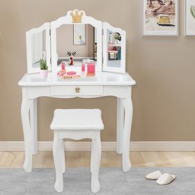 Children's Wooden Dressing Table Three-Sided Folding Mirror Dressing Table Chair Single Drawer  Crown Style  YJ